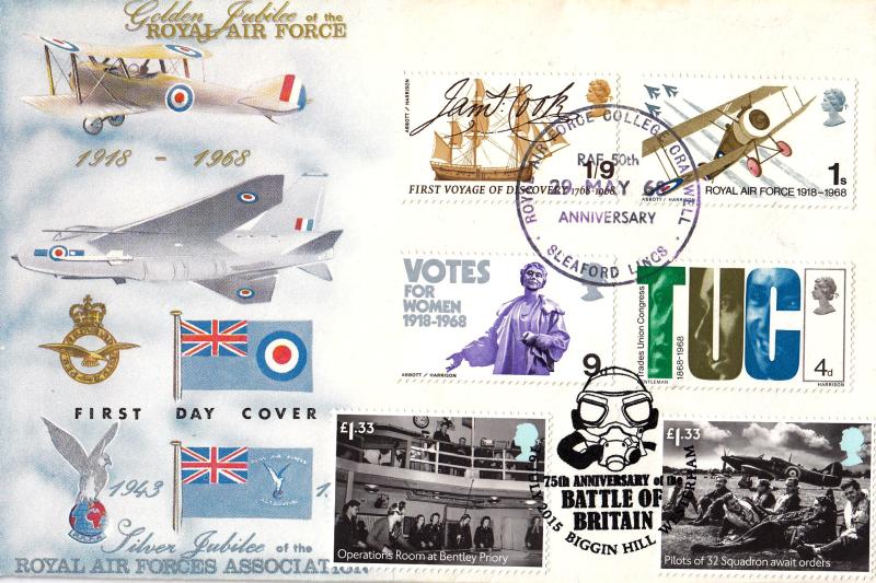 1968 (05) Anniversaries - Connoisseur - RAF College, Cranwell H/S - Doubled with a pair of 2015 Battle of Britain Stamps & H/S