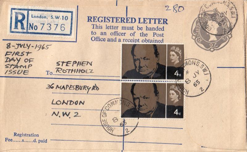 1965 (07) Winston Churchill - 4d - Registered Letter - Ord - House of Commons CDS