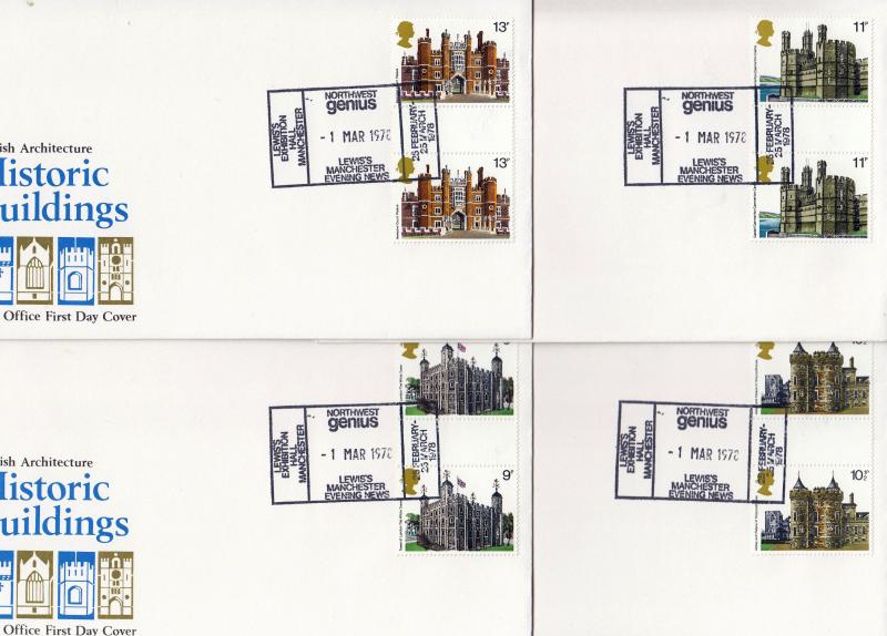 1978 (03) Historic Buildings (Stamps) - PO - Set of 4 covers - GUTTER PAIRS  - Northwest Genius H/S