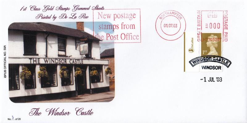 2003 (07) 1st Class Gold Stamp Gummed Sheet by De La Rue - Brazier 'Pub' Official + New Postage Stamps From The Post Office Meter Mark