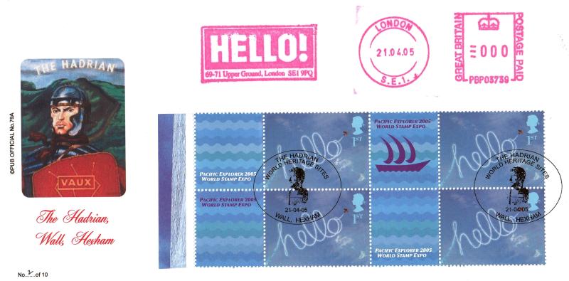 2005 (04) Pacific Explorers World Stamp Expo Stamp Sheet - Block of 4 + Labels + Hello Meter Mark