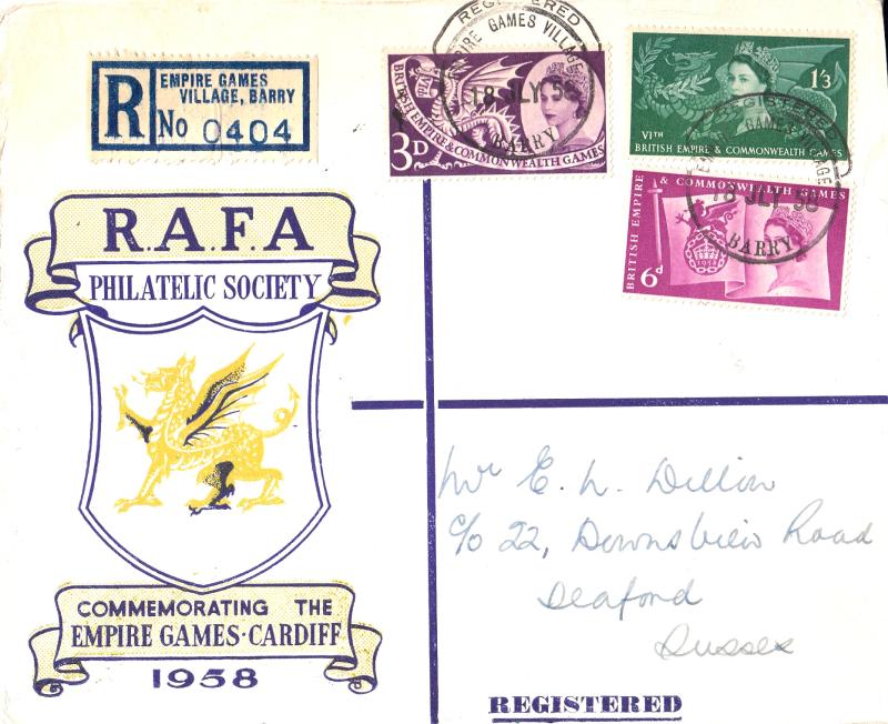 1958 (07) Commonwealth Games - RAFA Philatelic Society Cover - Barry 'Hooded' Games Village CDS