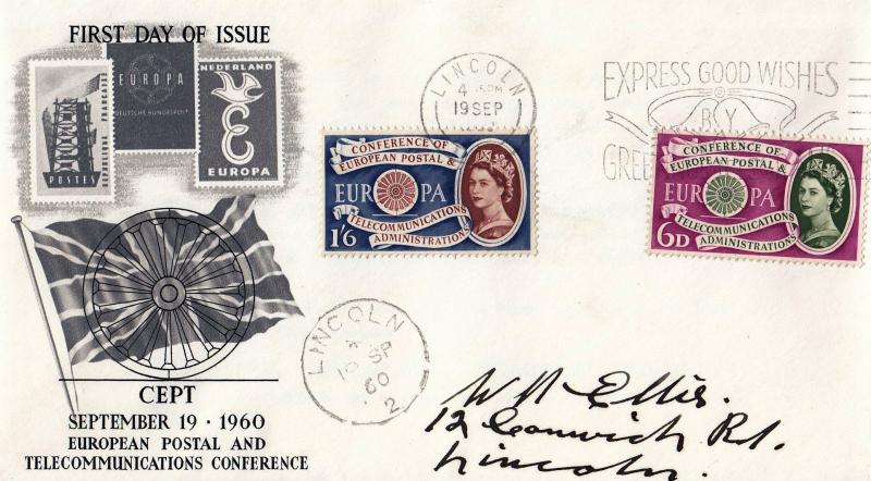 1960 (09) Europa - B&W 'Flag & Wheel' Cover - Express Good Wishes by Greetings Telegram Slogan