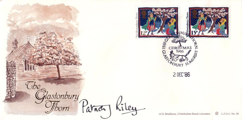 1986 (12) Christmas 12p - Bradbury LFDC 56 Official - Signed by Revd. Patrick J. Riley