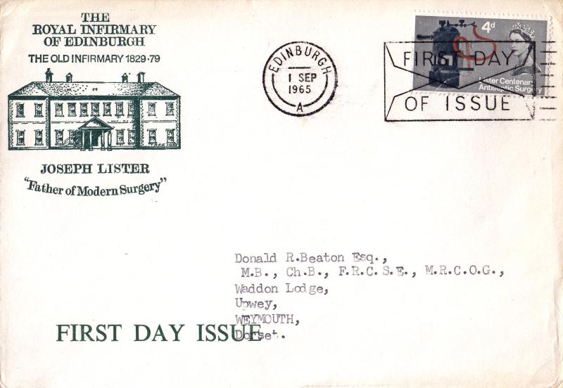 1965 (09) Lister - Royal Infirmary of Edinburgh Cover (Printed In GREEN Ink) - 4d Only - Edinburgh FDI 'Envelope' Slogan