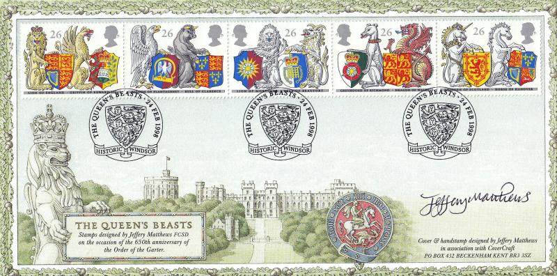 1998 (02) Queen's Beasts - Covercraft Historic Windsor (3 Lions) Official - Signed by the stamp designer - Jeffery Matthews - WITHOUT DLR Logo