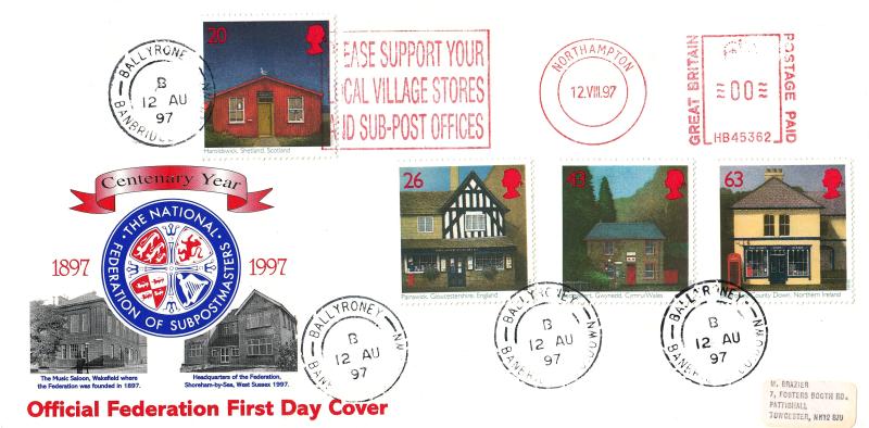 1997 (08) Sub Post Offices - Federation of Sub Postmasters Official - Ballyroney CDS + Support Your Local Village Stores Meter Mark