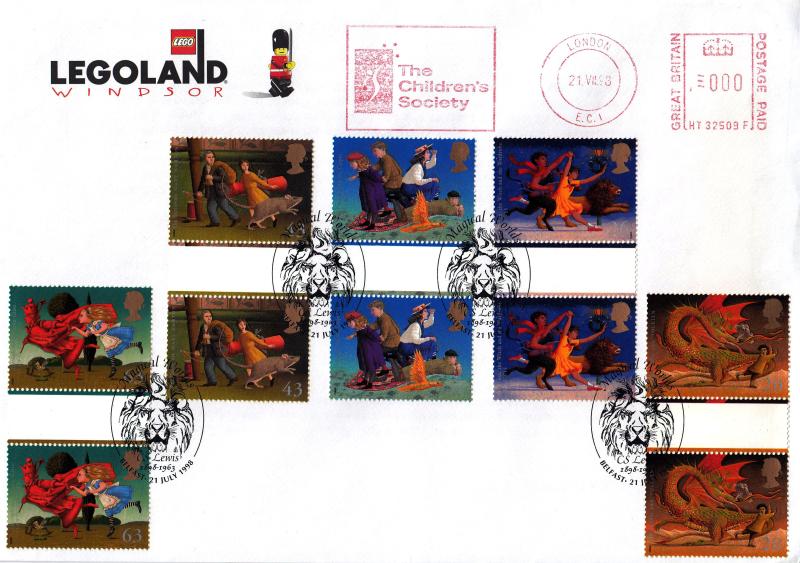 1998 (07) Magical Worlds - Legoland, Windsor Cover - C S Lewis H/S On GUTTER PAIRS + The Children's Society Meter Mark
