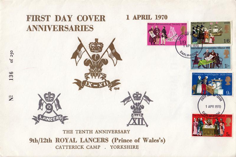 1970 (04) Anniversaries - Royal Lancers Cover - Darlington FDI