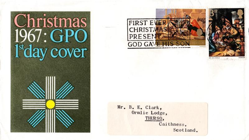 1967 (11) Christmas - GPO - BOTH stamps - First Ever Christmas Present Slogan