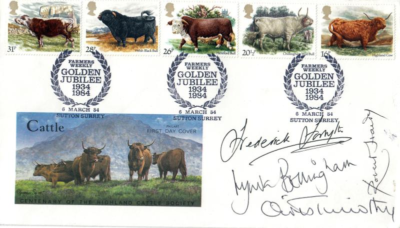 1984 (03) Cattle - Philart - 'Farmers Weekly' H/S - Quadruple signed by: Frederick Forsyth, Lynda Bellingham, Christopher Timothy & Robert Hardy
