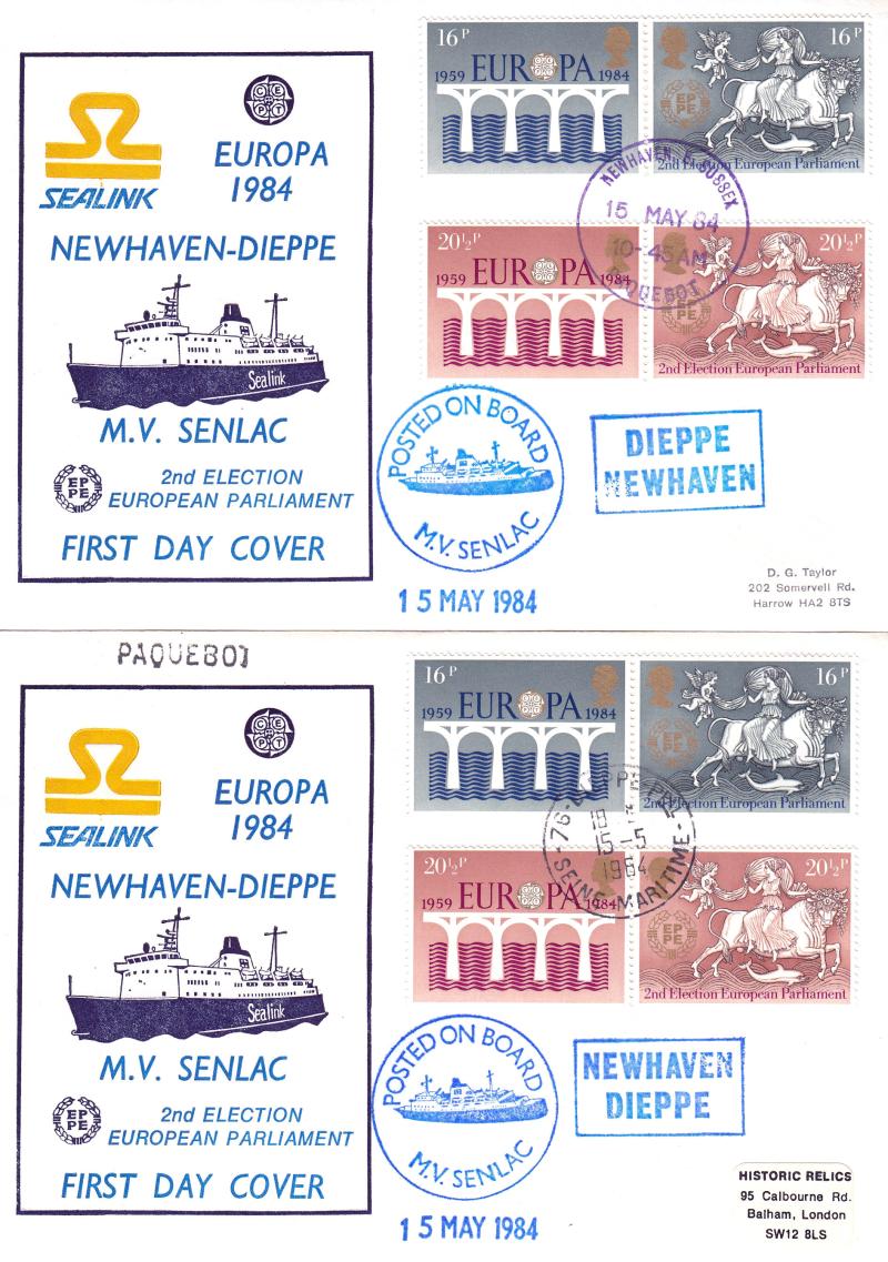 1984 (05) Europa - PAIR of HR Sealink MV Senlac PAQUEBOT Covers - Newhaven CDS + Dieppe CDS