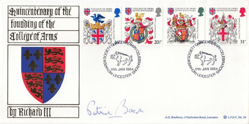 1984 (01) Heraldry - Bradbury LFDC 30 (Richard III Society) Official - Signed by Patrick Bacon