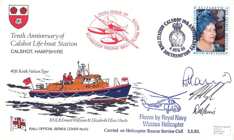 1980 (08) Queen Mother - Pilgrim RNLI Calshot 10th Anniversary Official - But Triple Signed by the RN Wessex Helicopter Crew