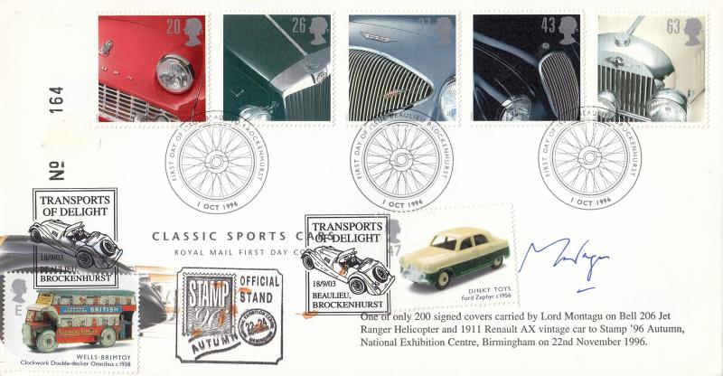 1996 (10) Classic Cars - RM - Brockenhurst H/S - Carried by Helicopter & Car to Stamp '96 in Birmingham, then Signed by Lord Montagu, the Doubled in 2003!