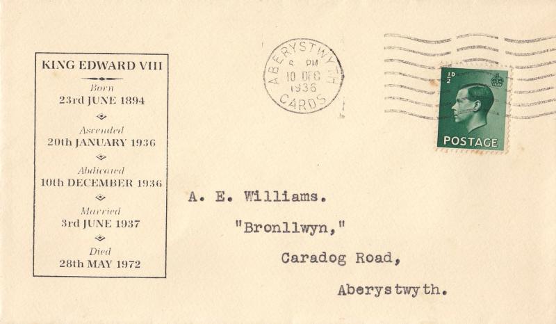 1936 (12) Edward VIII Abdication Day Cover - Aberystwyth Wavy Line Slogan