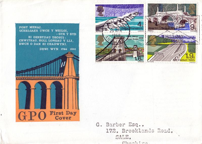 1968 (04) Bridges - GPO - Menai Bridge First Day of Issue 'Envelope' Slogan