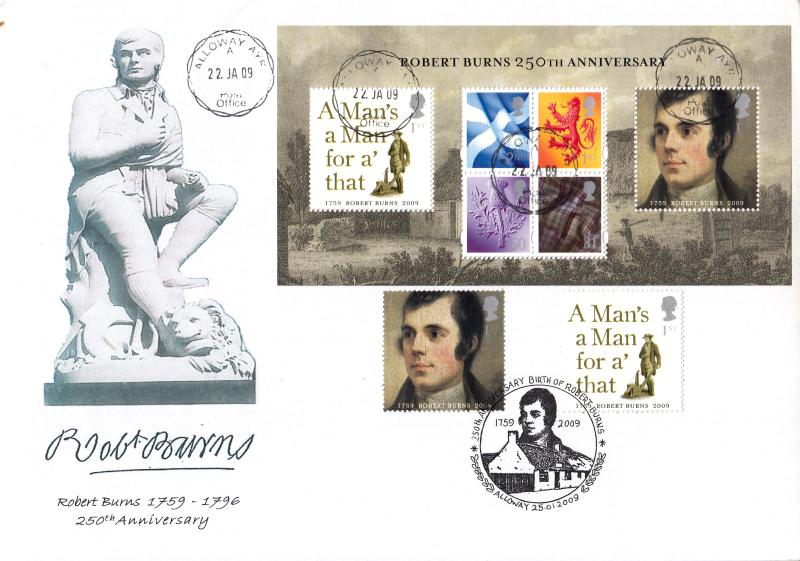 2009 (01) Robert Burns M/S - Lothian Postcard Club & Edinburgh Stamp Group 'Special' - Alloway CDS + Doubled on Burn's 250th Birth Date