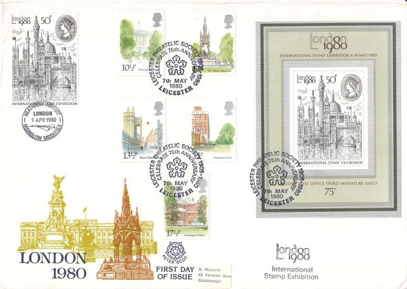 1980 (05) London 50p (Stamps & M/S) + Landmarks - Peter Scot TRIPLED Cover