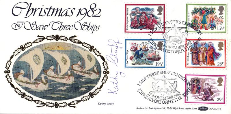 1982 (11) Christmas - Benham 'I Saw Three Ships Exhibition' BOCS(2) 16 Official - Signed by Kathy Staff