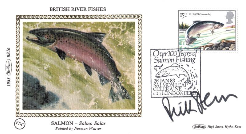 1983 (01) British River Fishes - Benham (Salmon) Small Silk - 15½p - Salmon Leap H/S - Signed by Rick Stein