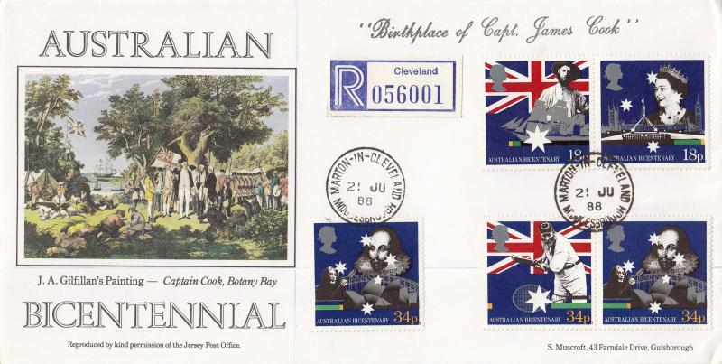 1988 (06) Australia - Muscroft 'Captain Cook, Botany Bay Painting' Cover - Marton-in-Cleveland CDS