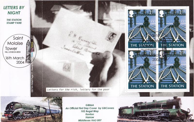2004 (03) Letters By Night (PSB) - GB Covers GB86A (Station Stamp Pane) Official