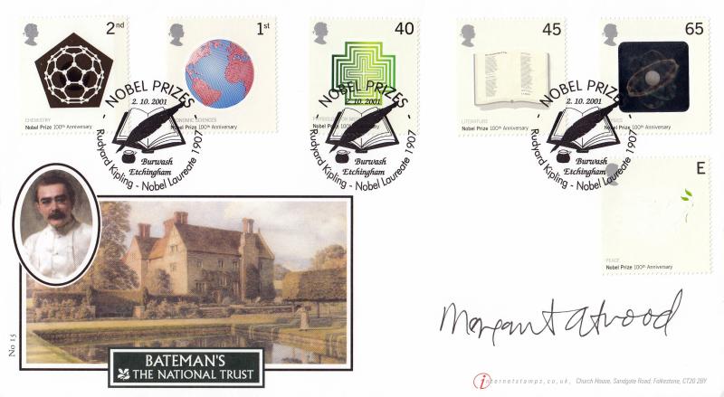 2001 (10) Nobel Prizes - Buckingham/Internet Stamps Official - Signed by Margaret Atwood