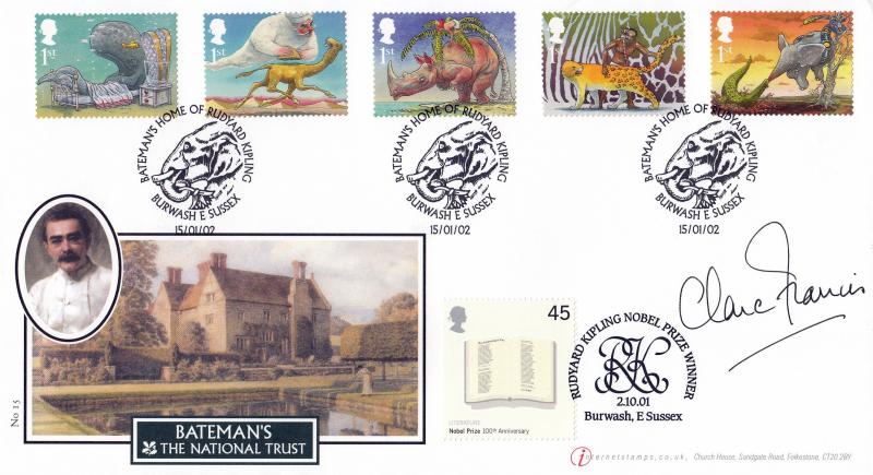 2002 (01) Rudyard Kipling - Buckingham/Internet Stamps 'Bateman's' Official - Doubled in Oct 2001 - Signed by Clare Francis
