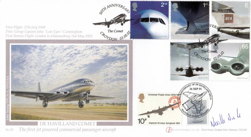 2002 (05) Airliners (Stamps) - Buckingham/Internet 'The Comet, Croydon' Official - Doubled - Signed by the late Neville Duke
