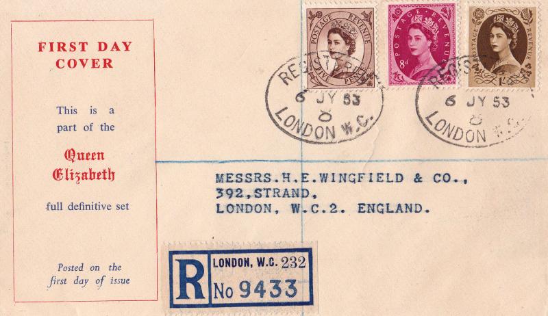 1953 (07) 5d + 8d + 1/- Definitives - Illustrated - London WC 'Registered' Oval CDS