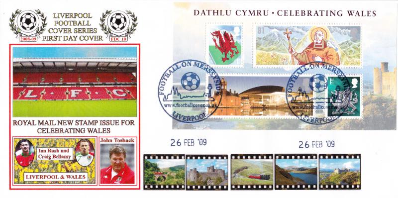 2009 (02) Celebrating Wales M/S - Dawn 'Official Football Cover Series' - Football on Merseyside Official