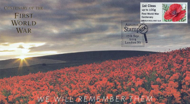 2014 (09) First World War - Internet Symbolic Flowers Post & Go FDC - Autumn Stampex H/S