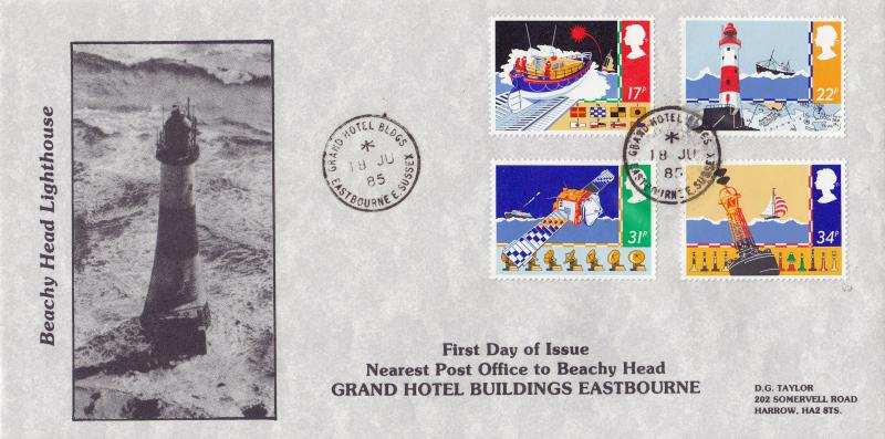 1985 (06) Safety At Sea - DGT 'Beachy Head Lighthouse' Cover - Grand Hotel Buildings, Eastbourne CDS