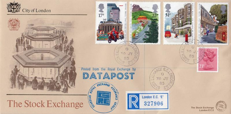 1985 (07) Royal Mail - G&P 'The Stock Exchange' Cover - Stock Exchange CDS + DATAPOST Cachets and Labels