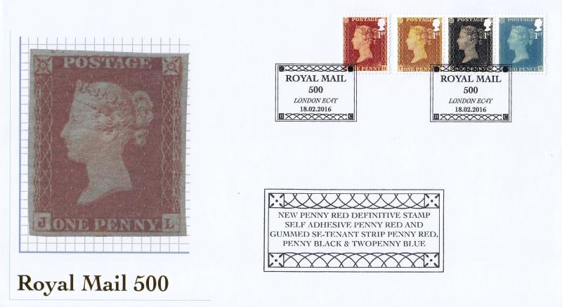 2016 (02) Royal Mail 500 - Internet Stamps 'Penny Red S/A Stamp & Se-Tenant Strip' Official