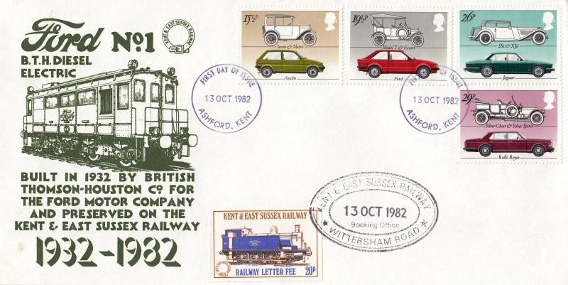 1982 (10) British Motor Cars - Kent & East Sussex Railway 'Ford No 1 BTH Diesel Electric' Cover - Ashford FDI