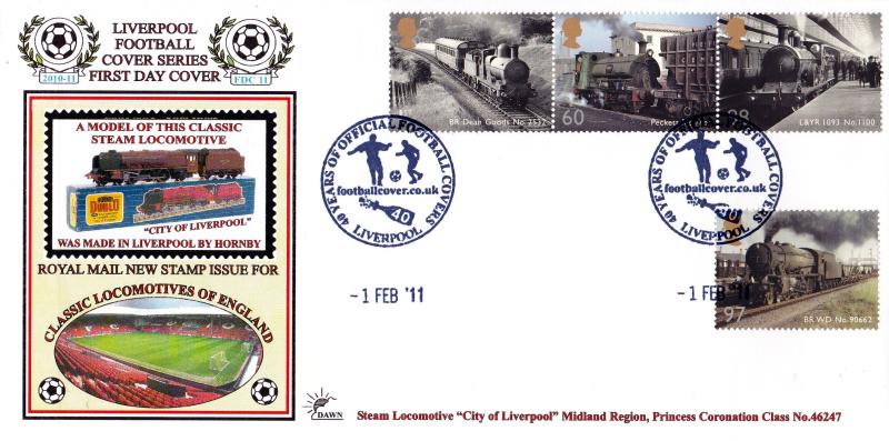 2011 (02) Locomotives of England M/S - Dawn '40 Years of Official Football Covers, Liverpool' Official