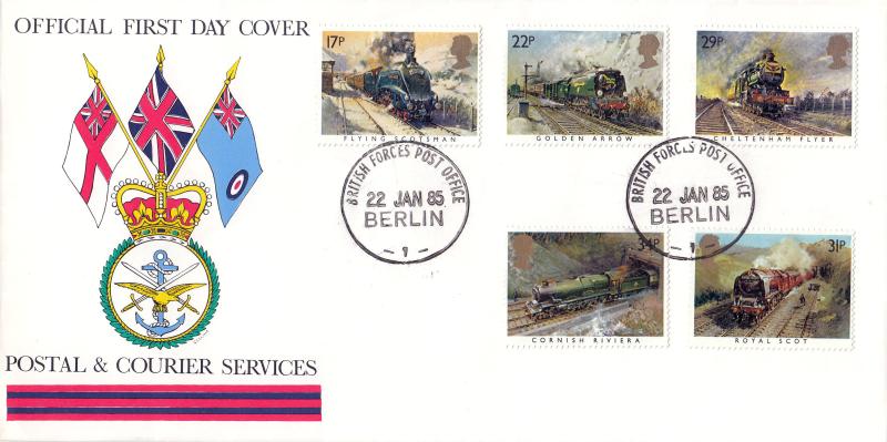 1985 (01) Famous Trains - Postal & Courier Services Cover - BFPO Berlin 1 CDS