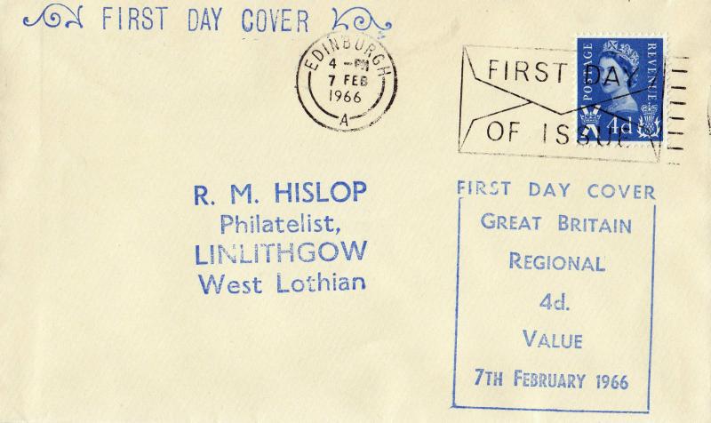 1966 (02) Scottish Regional 4d - Display Text Cover - Edinburgh First Day of Issue 'Envelope' Slogan