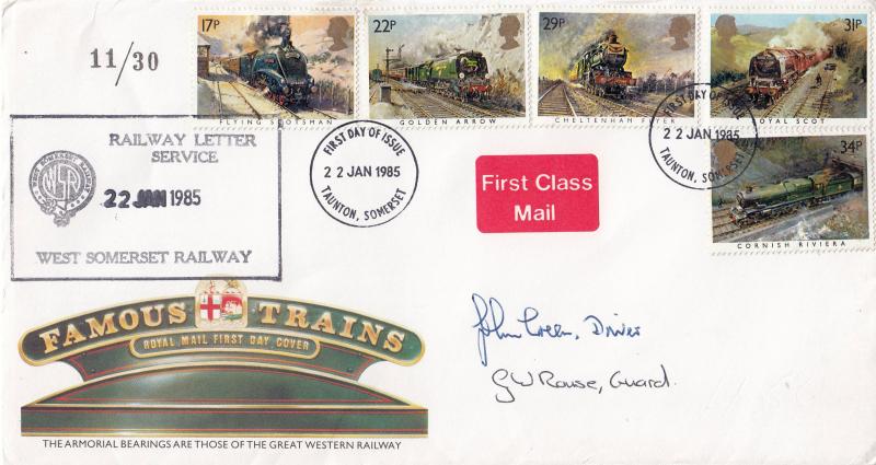 1985 (01) Famous Trains - RM - Taunton FDI - With the West Somerset Railway cachet - Double Signed