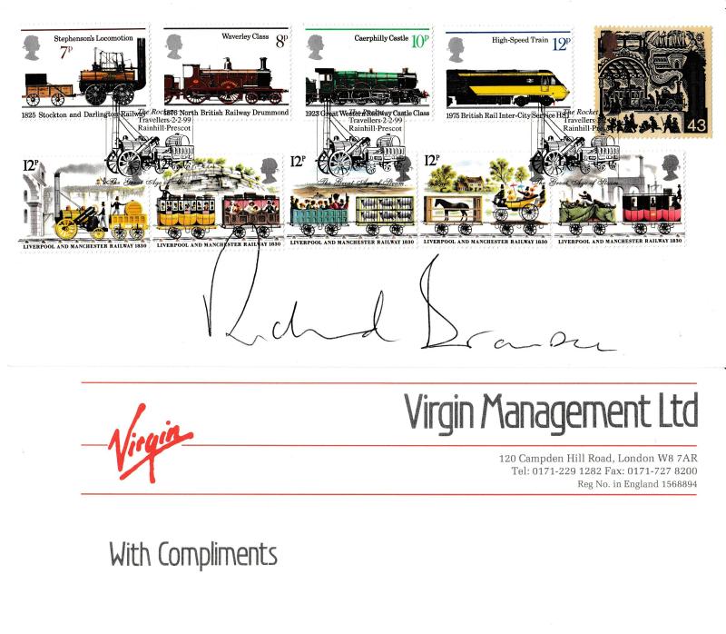 1999 (02) Travellers - Plain - 43p + 2 Other Stamp Sets - Rainhill H/S - Signed by Richard Branson