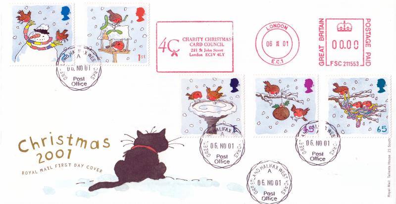 2001 (11) Christmas - RM - Greetland CDS + 4C Charity Christmas Card Council Meter Mark
