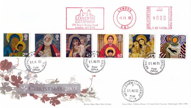 2005 (11) Christmas (Stamps) - RM - Bethlehem CDS + London City Mission Meter Mark