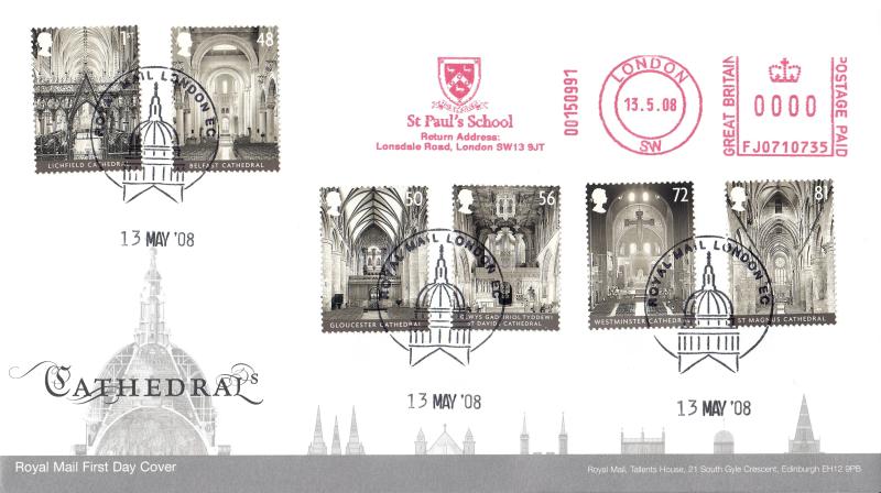 2008 (05) Cathedrals (Stamps) - RM - St Paul's Philatelic Counter H/S + St Paul's School Meter Mark