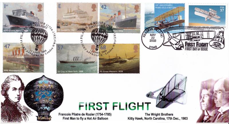 2004 (04) Ocean Liners (Stamps) - Peter Payne 'Flight Approach' Official - Doubled San Marino & USA Stamps