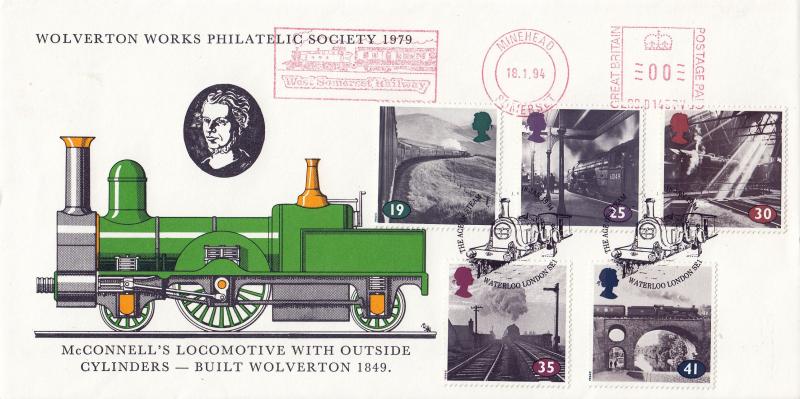 1994 (01) The Age of Steam - Wolverston Works Philatelic Society Cover - Waterloo H/S + West Somerset Railway Meter Mark