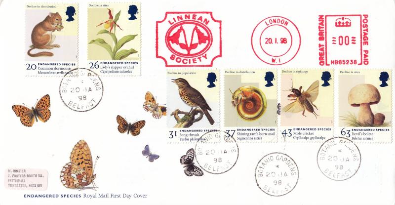 1998 (01) Endangered Species - RM - Botanic Gardens, Belfast CDS + Linnean Society Meter Mark