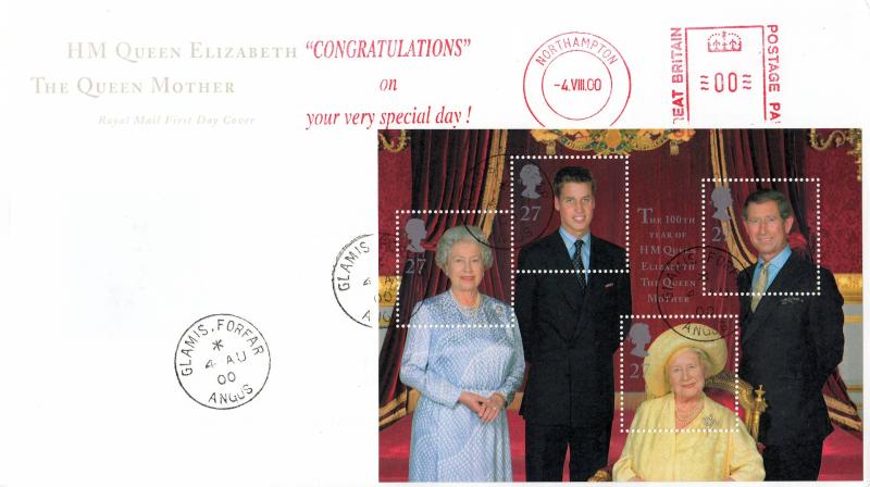 2000 (08) Queen Mother M/S - RM - Glamis CDS + Congratulations On Your Very Special Day Meter Mark