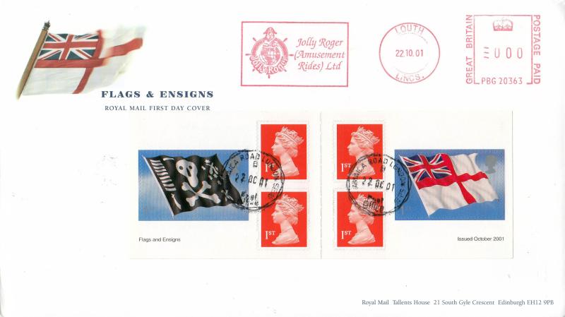 2001 (10) Flags & Ensigns (NVI Booklet) - RM - Jamaica Road CDS + Jolly Roger (Amusement Rides) Meter Mark